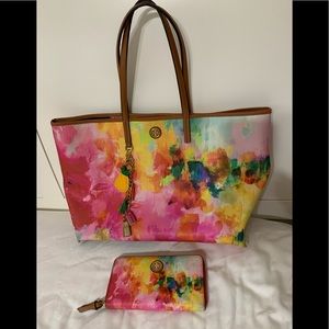 Tory Burch Kerrington watercolor tote with wallet.